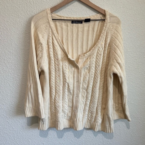55. VTG Bill Bass Womens XL Tan Cable Knit Cardigan Beaded Sequin Ribbed Grandma - Picture 1 of 8